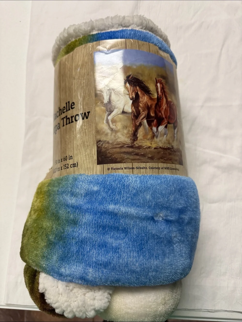 Horse Print Plush Throw Blanket - Blue, Green, White